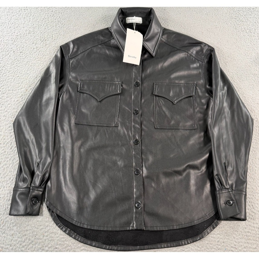Bershka Shirt Jacket Women's Small Black Faux Leather Button-Up Fleece Lined